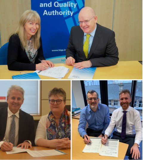 Pictured signing the MoU are Dr Máirín Ryan, HIQA’s Deputy CEO and Director of Health Technology Assessment, and Phelim Quinn, HIQA CEO; Dr Peter Groves, Chair of Health Technology Wales, and Director Dr Susan Myles; and Dr Iain Robertson, Chair of Scottish Health Technology Group, and Unit Head Edward Clifton.