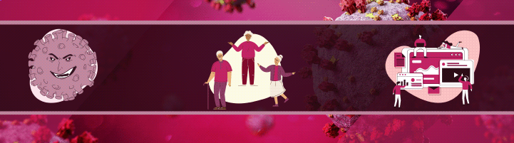banner image of cartoon disease, a group of older pople and a group of charaters using an oversized computer