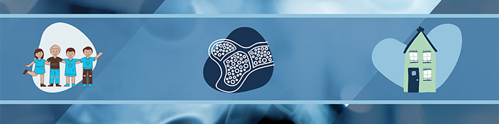 banner image of cartoon children, a micrscopic picture of a cell and a house