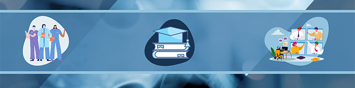 banner image of a cartoon of doctors, a pile of books and a group of characters using a computer.